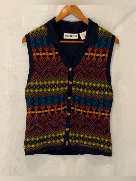 White Stag Sweaters - Vintage White Stag Navy Patterned Retro Knit Cotton Ramie Blend Sweater Vest